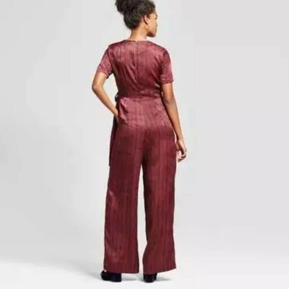 Xhilaration Burgundy & Black Striped Wrap Jumpsuit - Picture 2 of 11